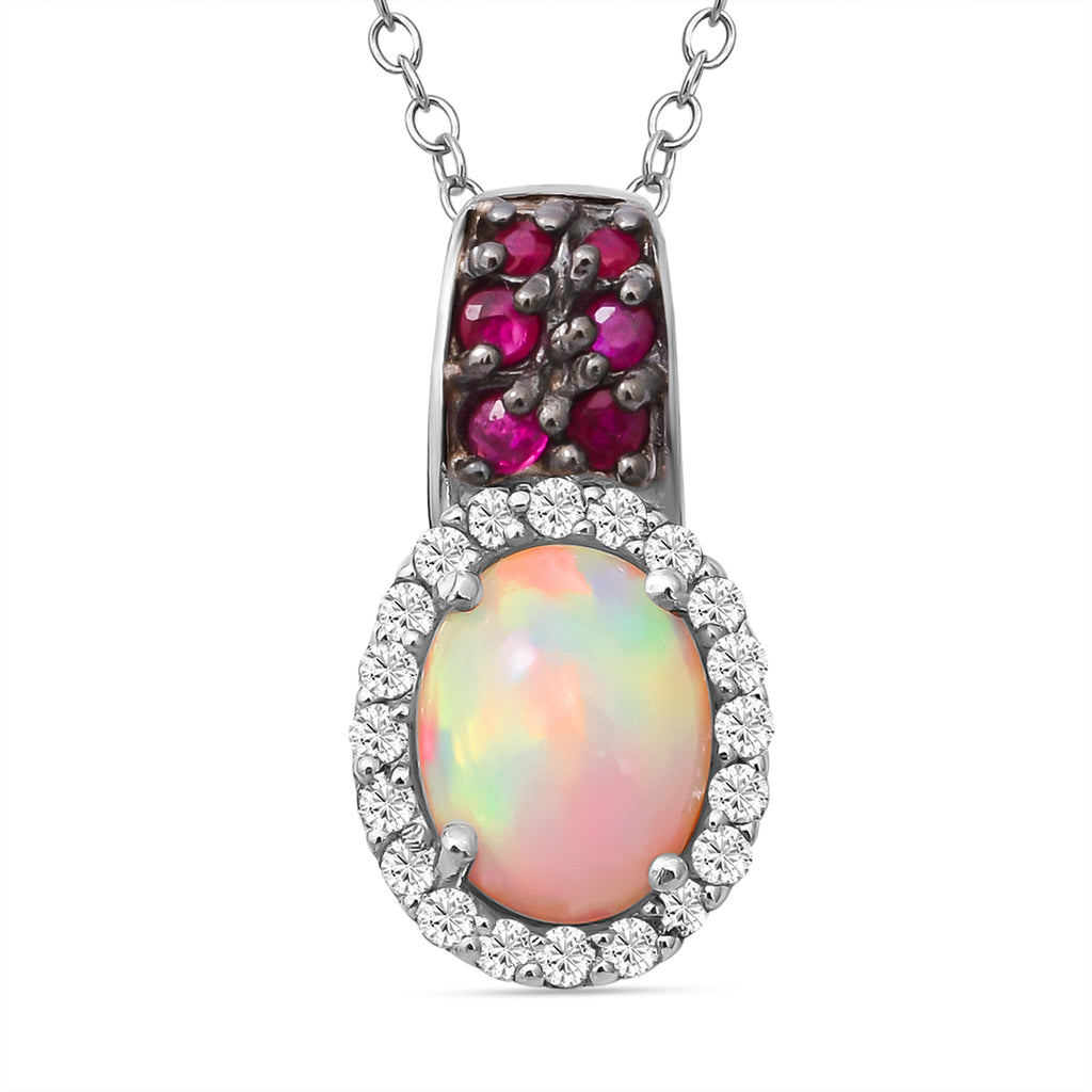 Natürlicher, äthiopischer Welo Opal und afrikanischer Rubin-Anhänger mit Kette, 925 Silber platiniert ca. 1.75 ct
