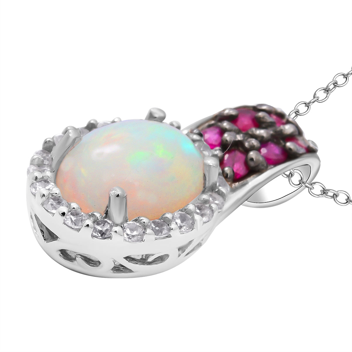 Natürlicher, äthiopischer Welo Opal und afrikanischer Rubin-Anhänger mit Kette, 925 Silber platiniert ca. 1.75 ct