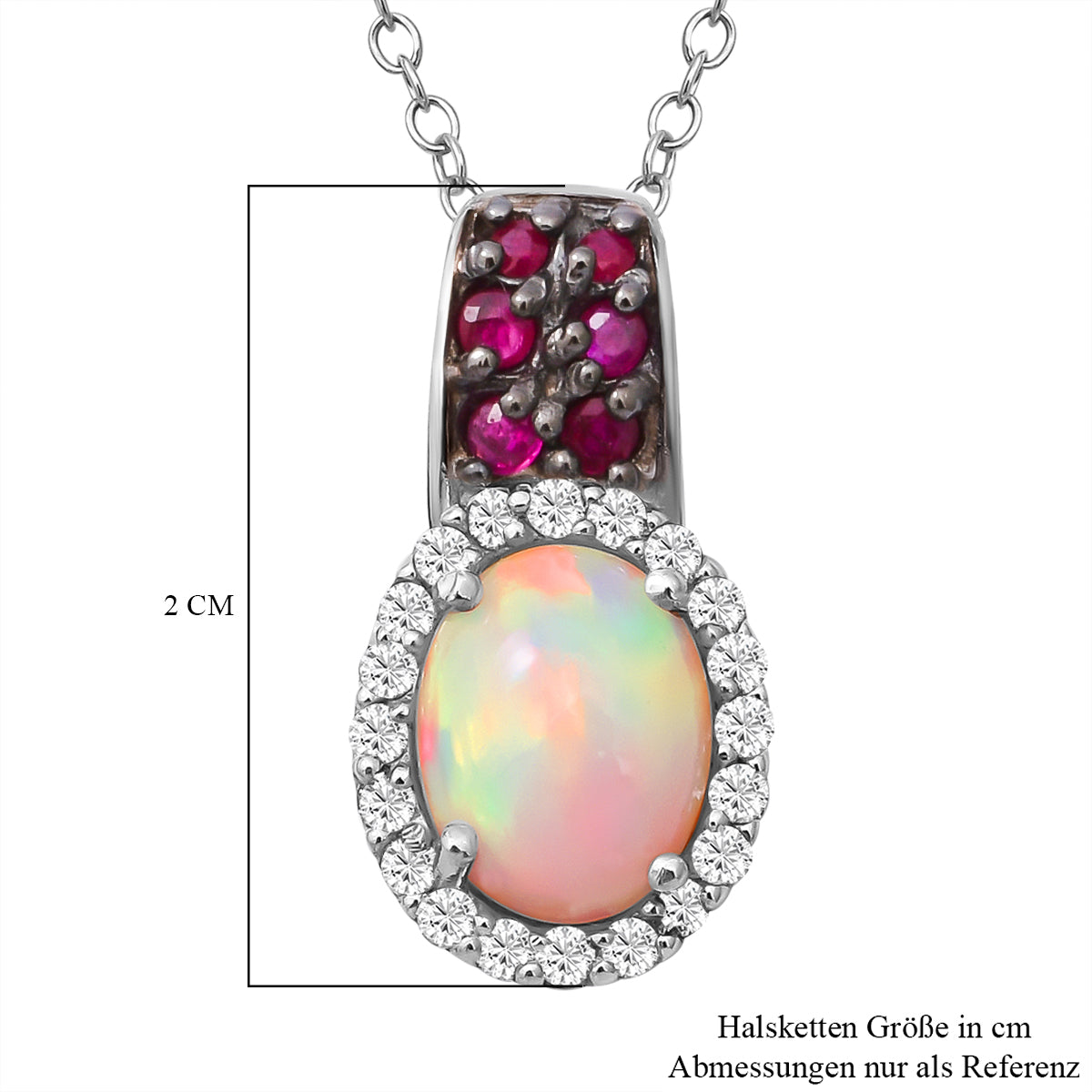 Natürlicher, äthiopischer Welo Opal und afrikanischer Rubin-Anhänger mit Kette, 925 Silber platiniert ca. 1.75 ct