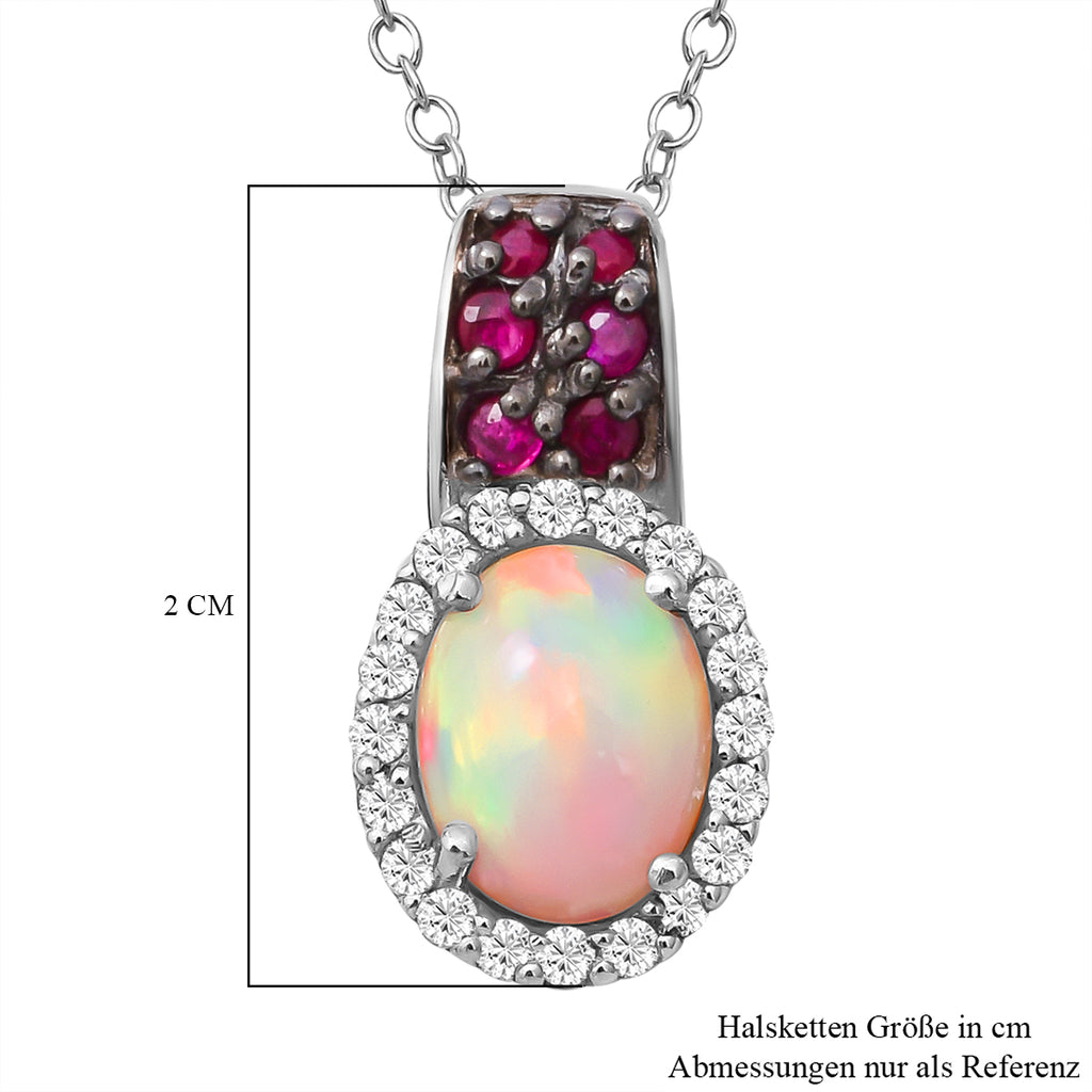 Natürlicher, äthiopischer Welo Opal und afrikanischer Rubin-Anhänger mit Kette, 925 Silber platiniert ca. 1.75 ct