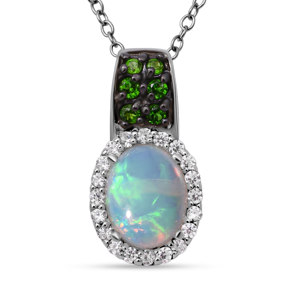 Natürlicher, äthiopischer Welo Opal und natürlicher Chromdiopsid-Anhänger mit Kette, 925 Silber platiniert ca. 1,69 ct