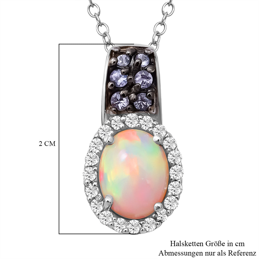 Natürlicher, äthiopischer Welo Opal und Tansanit-Anhänger mit Kette, 925 Silber platiniert ca. 1,62 ct