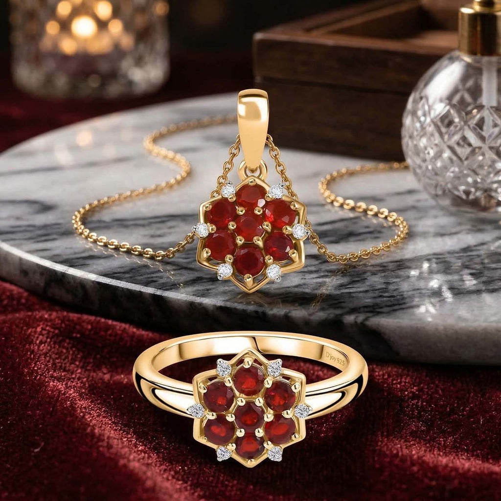 D'Joy AA mexikanischer Kirschfeuer-Opal und Moissanit Ring und Anhänger mit 50cm Kette