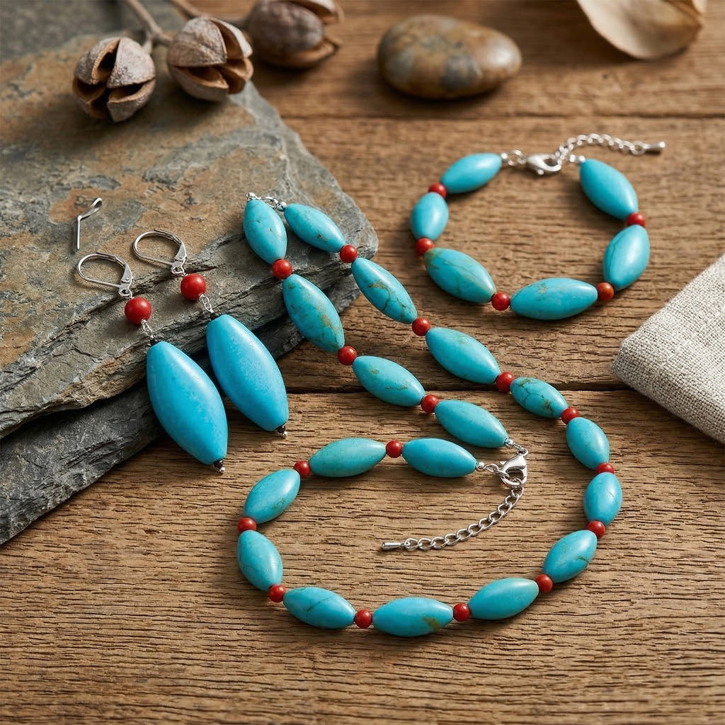 Gefärbtes blaues Magnesit und Koralle Schmuckset
