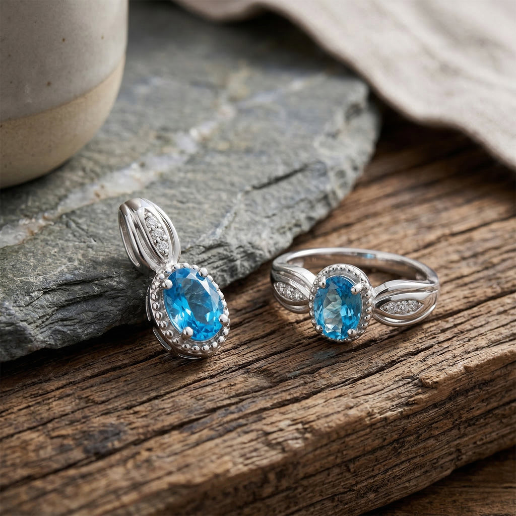 D’Joy blauer und weißer Zirkon Ring und Anhänger