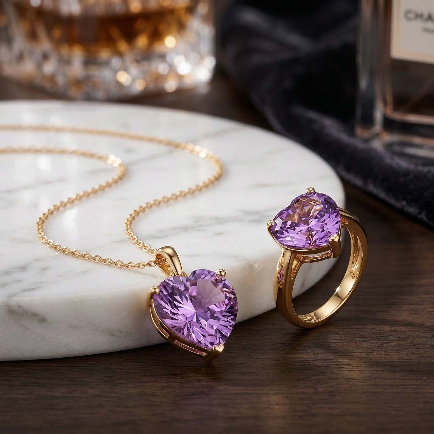 D'Joy AA Rose De France Amethyst Ring und Anhänger mit 50cm Kette