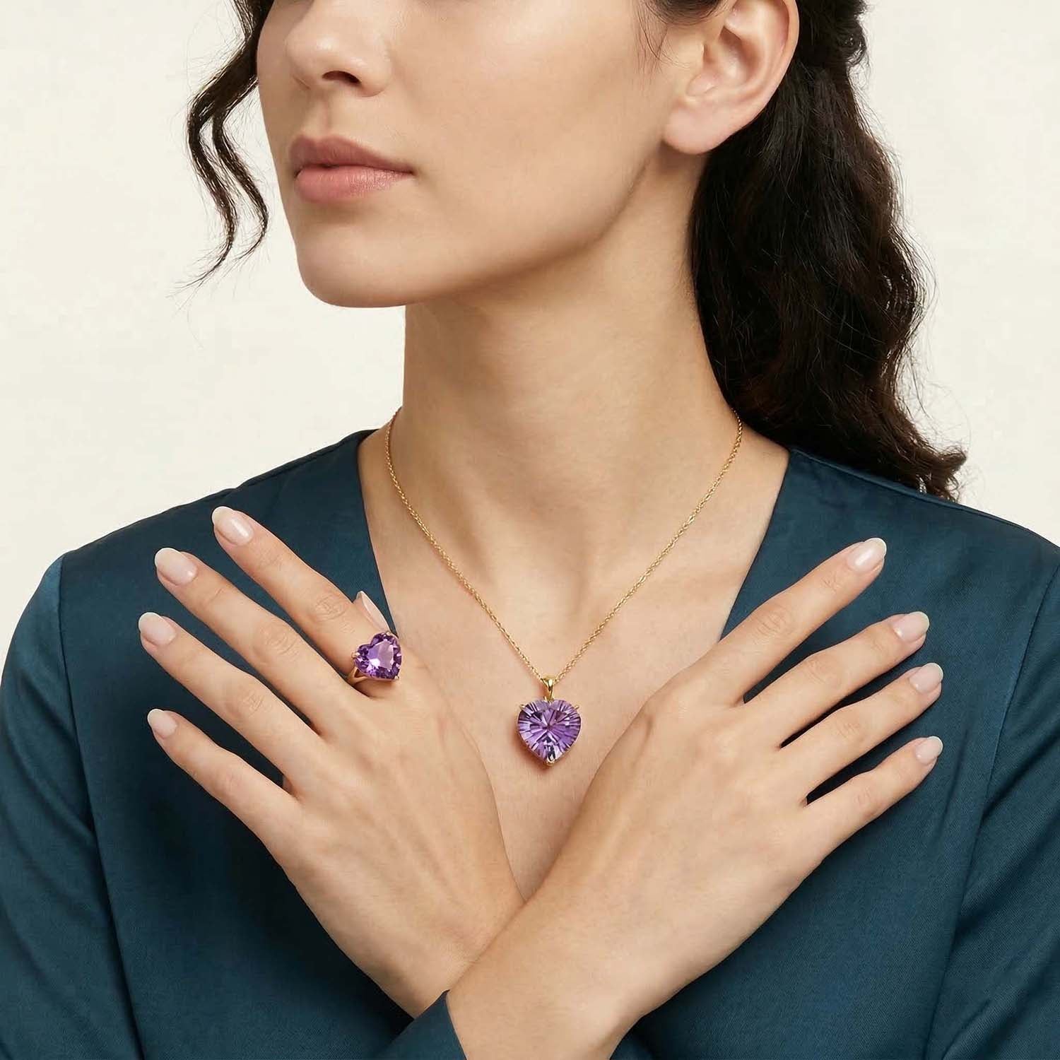 D'Joy AA Rose De France Amethyst Ring und Anhänger mit 50cm Kette