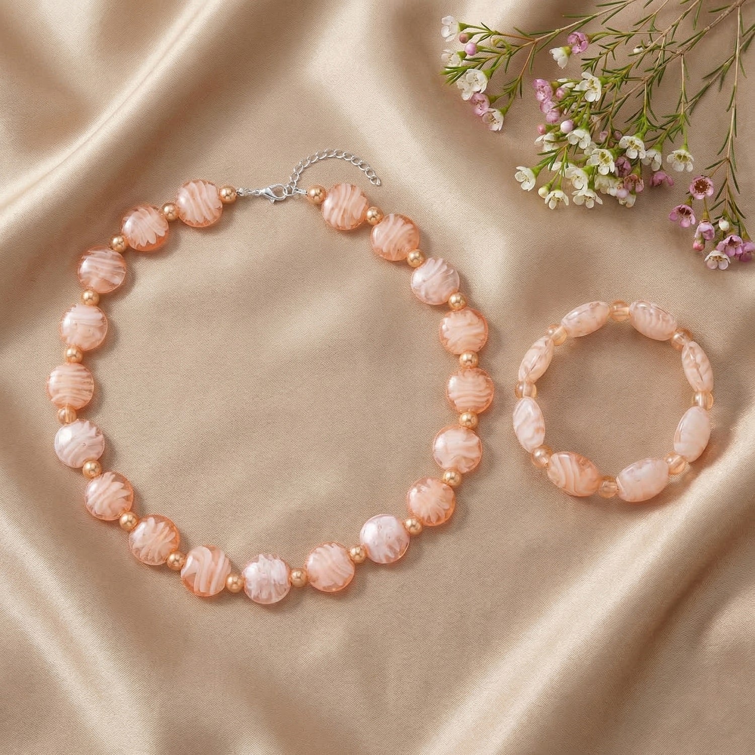 Rosa Glas-Perlen 53,25cm Halskette und flexibles Armband im Murano-Stil