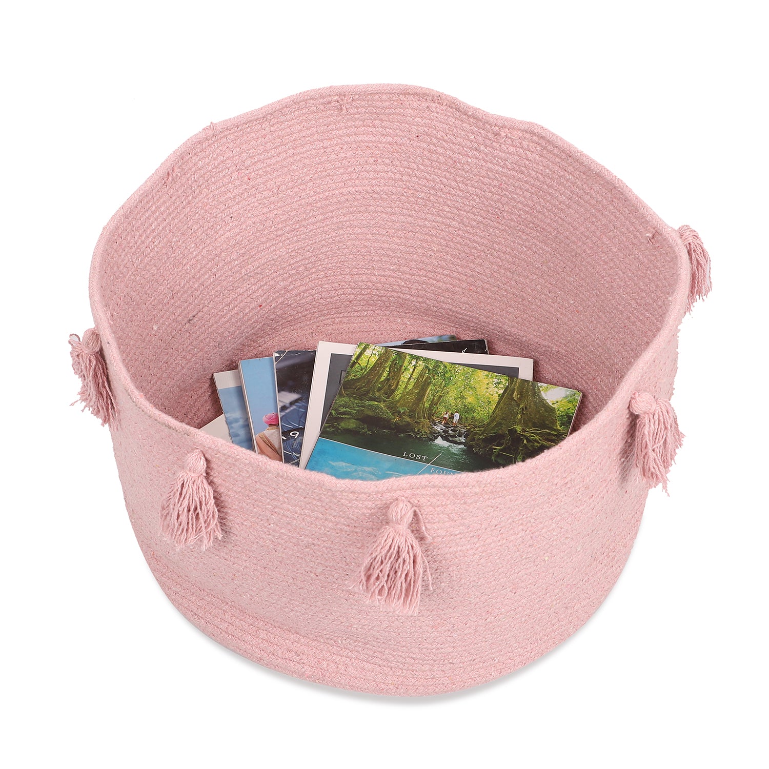 Aufbewahrungskorb aus 100 % Baumwolle mit Quasten, 45x45x30 cm, Altrosa