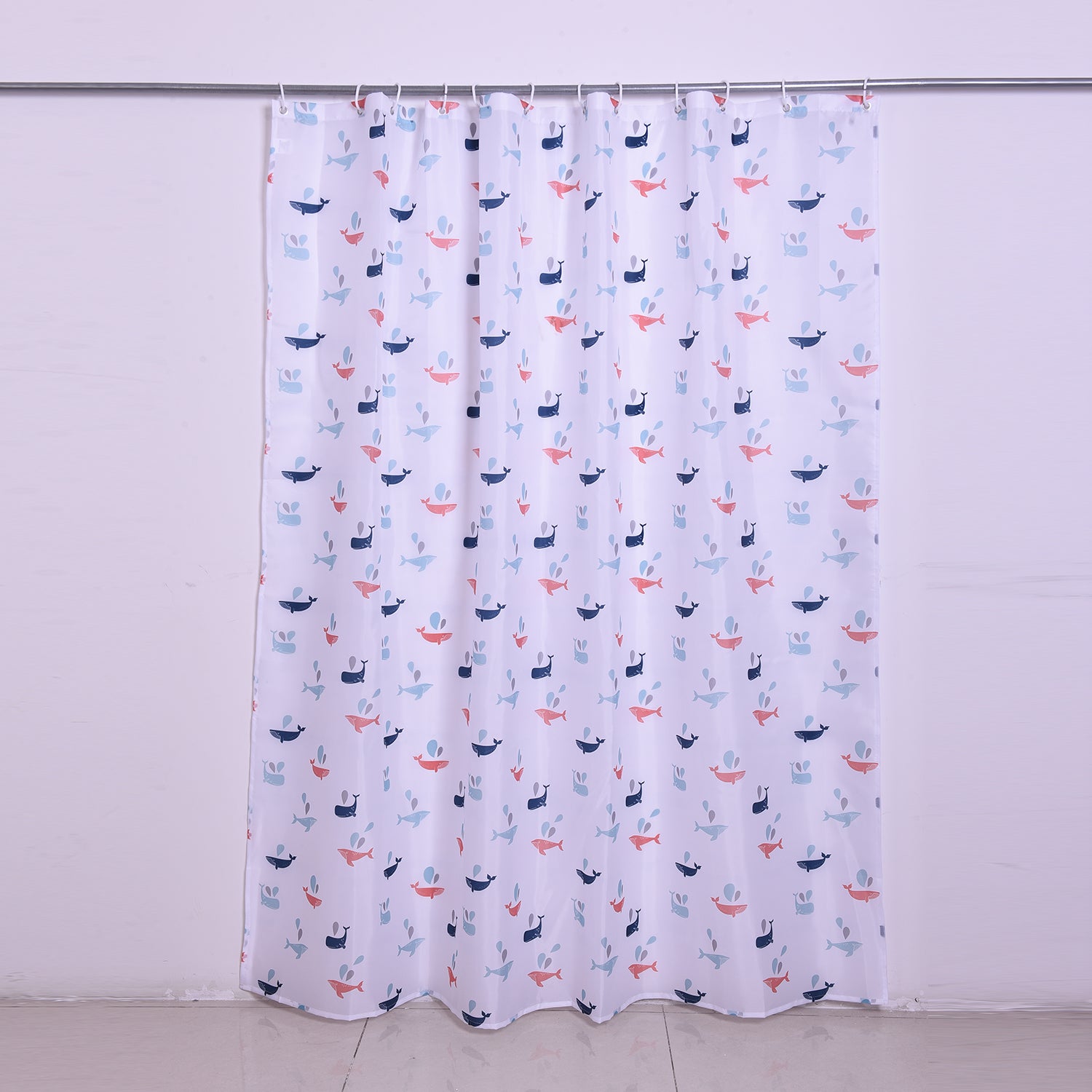 Duschvorhang mit 12 Haken und Wal-Muster, 180x180 cm, Weiß