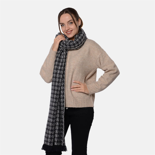 LA MAREY - Wollschal mit Hahnentrittmuster, 200x69 cm,Grau