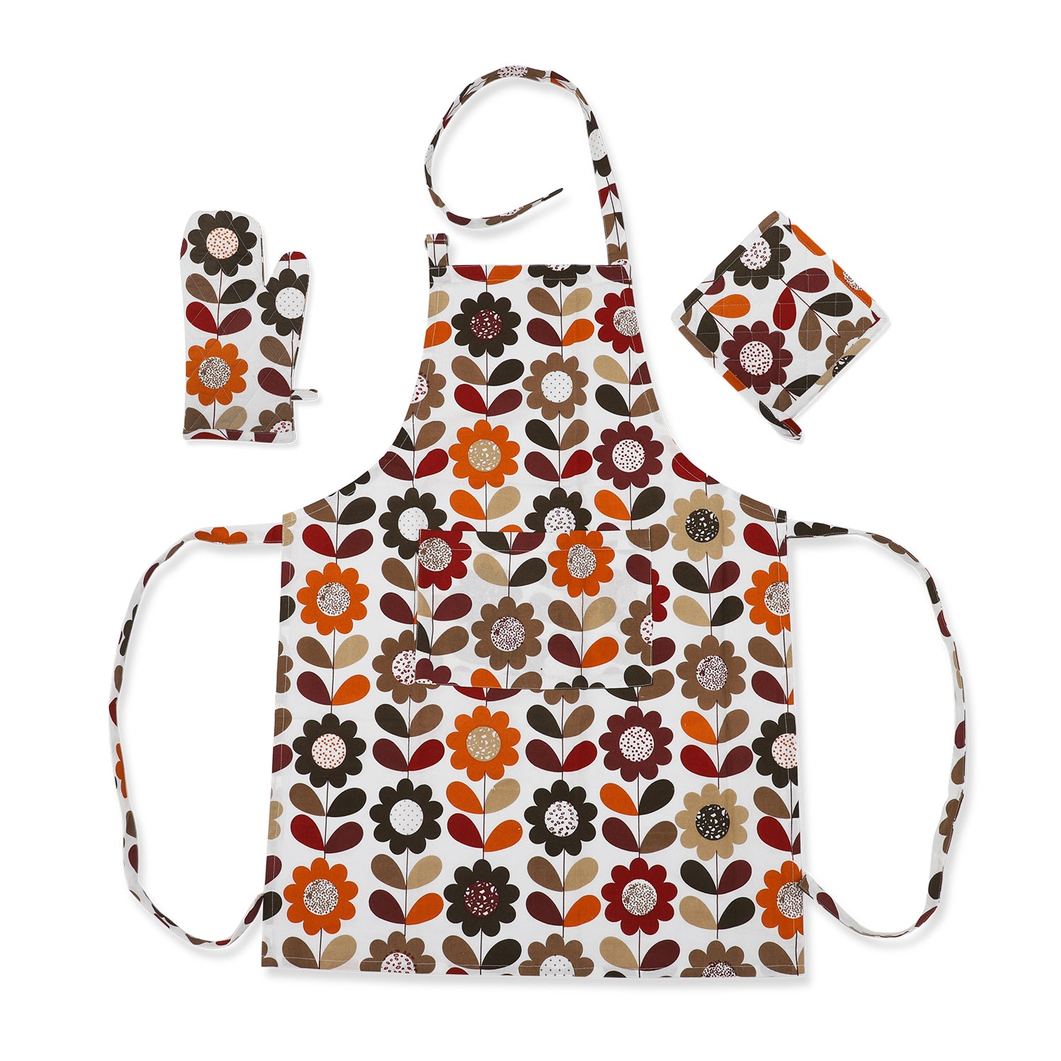 100% Baumwolle Küchen-Set, Schürze, Handschuh und Topflappen, Blumenwiese, mehrfarbig, 3 teilig