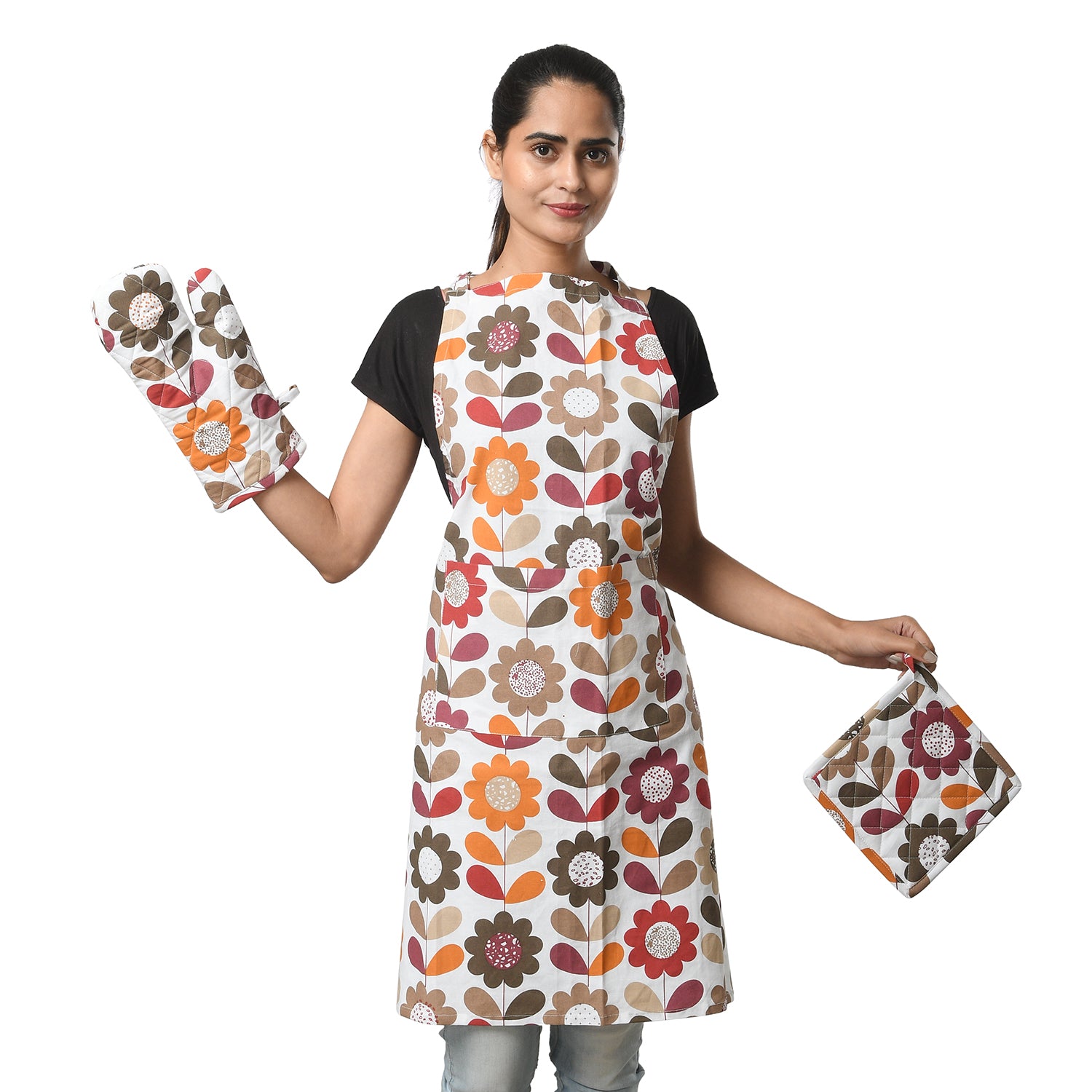 100% Baumwolle Küchen-Set, Schürze, Handschuh und Topflappen, Blumenwiese, mehrfarbig, 3 teilig