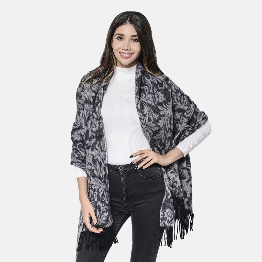 LA MAREY - 100% Lammwolle Schal, Jacquard-Blätter-Muster, 175x70+10cm, Grau