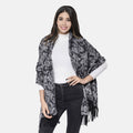 LA MAREY - 100% Lammwolle Schal, Jacquard-Blätter-Muster, 175x70+10cm, Grau