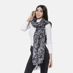 LA MAREY - 100% Lammwolle Schal, Jacquard-Blätter-Muster, 175x70+10cm, Grau