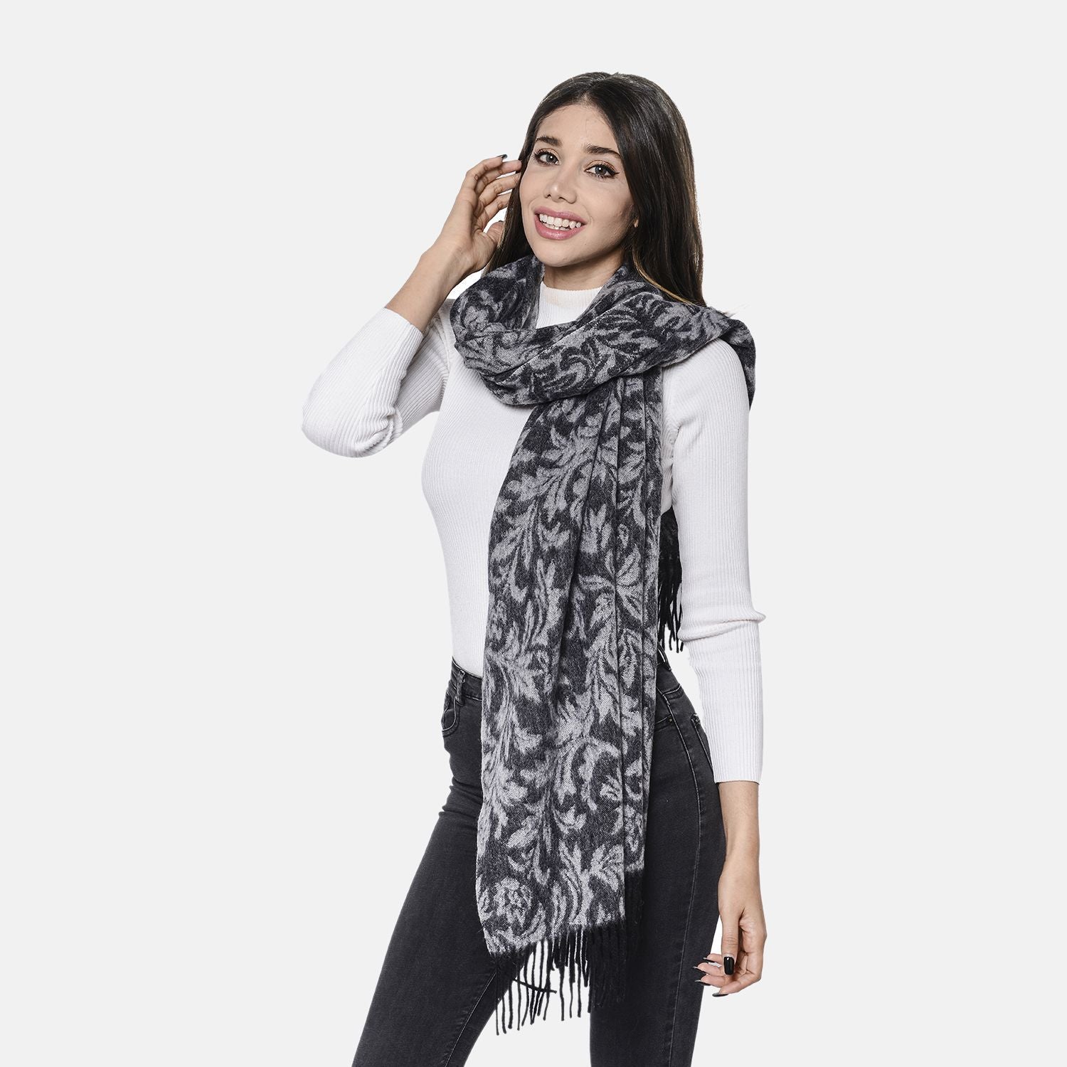 LA MAREY - 100% Lammwolle Schal, Jacquard-Blätter-Muster, 175x70+10cm, Grau