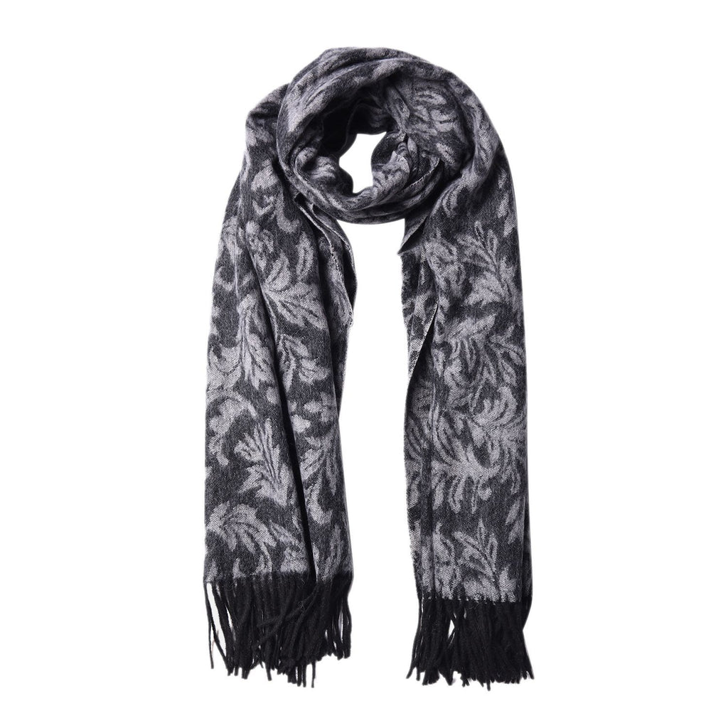 LA MAREY - 100% Lammwolle Schal, Jacquard-Blätter-Muster, 175x70+10cm, Grau