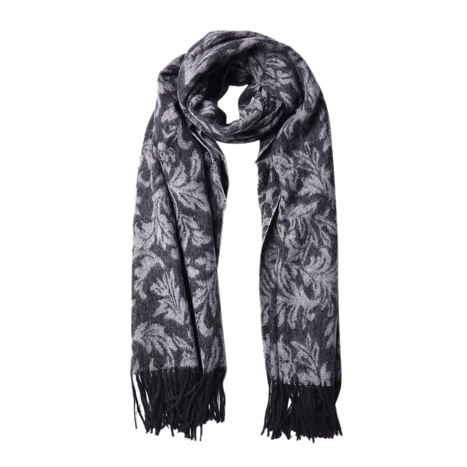LA MAREY - 100% Lammwolle Schal, Jacquard-Blätter-Muster, 175x70+10cm, Grau