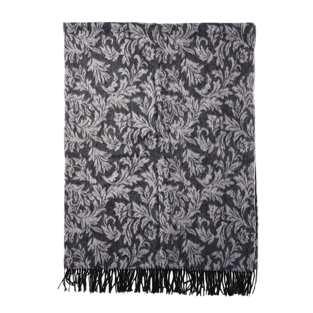 LA MAREY - 100% Lammwolle Schal, Jacquard-Blätter-Muster, 175x70+10cm, Grau