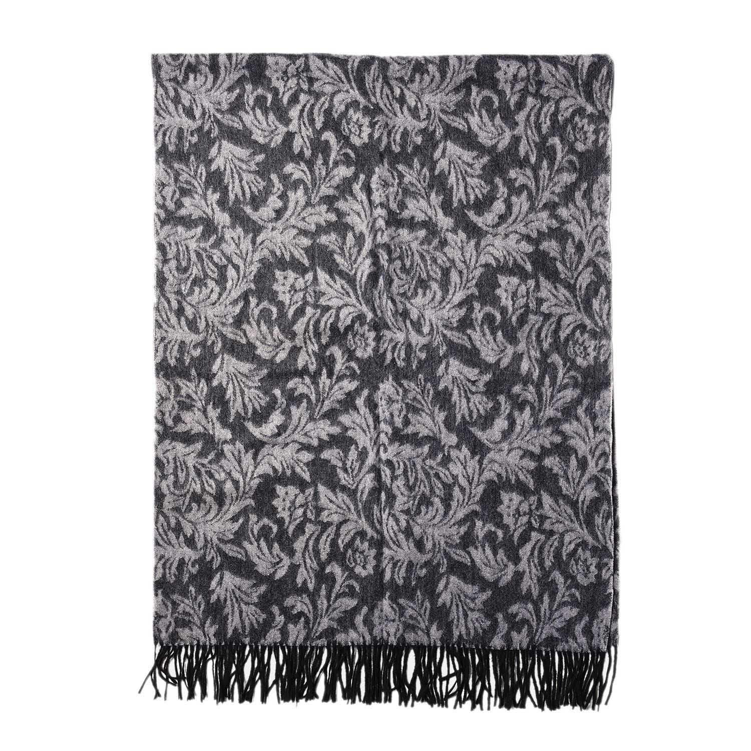 LA MAREY - 100% Lammwolle Schal, Jacquard-Blätter-Muster, 175x70+10cm, Grau