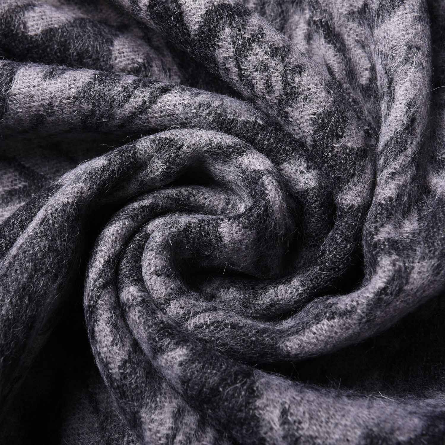 LA MAREY - 100% Lammwolle Schal, Jacquard-Blätter-Muster, 175x70+10cm, Grau
