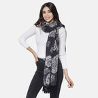 LA MAREY - 100% Lammwolle Schal, Jacquard-Blätter-Muster, 175x70+10cm, Schwarz