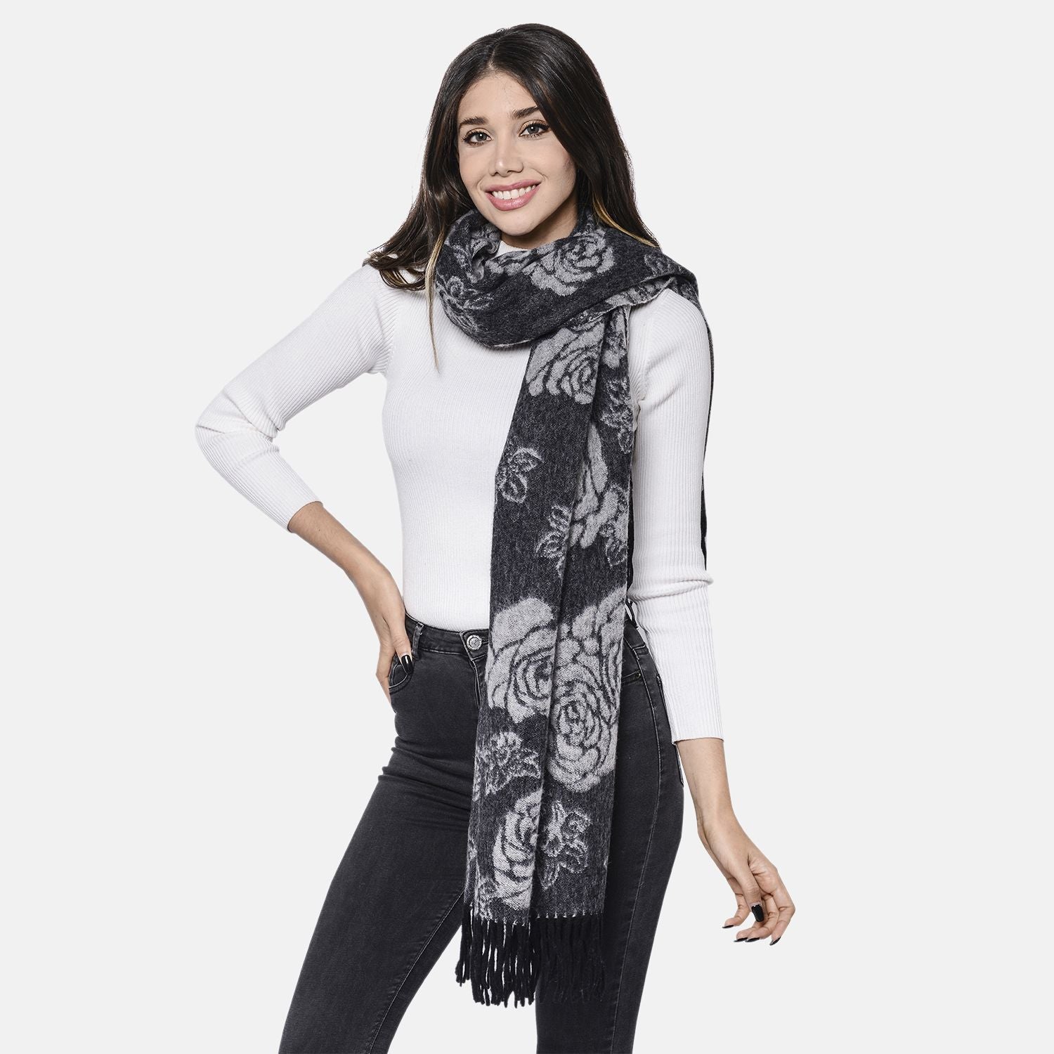LA MAREY - 100% Lammwolle Schal, Jacquard-Blätter-Muster, 175x70+10cm, Schwarz