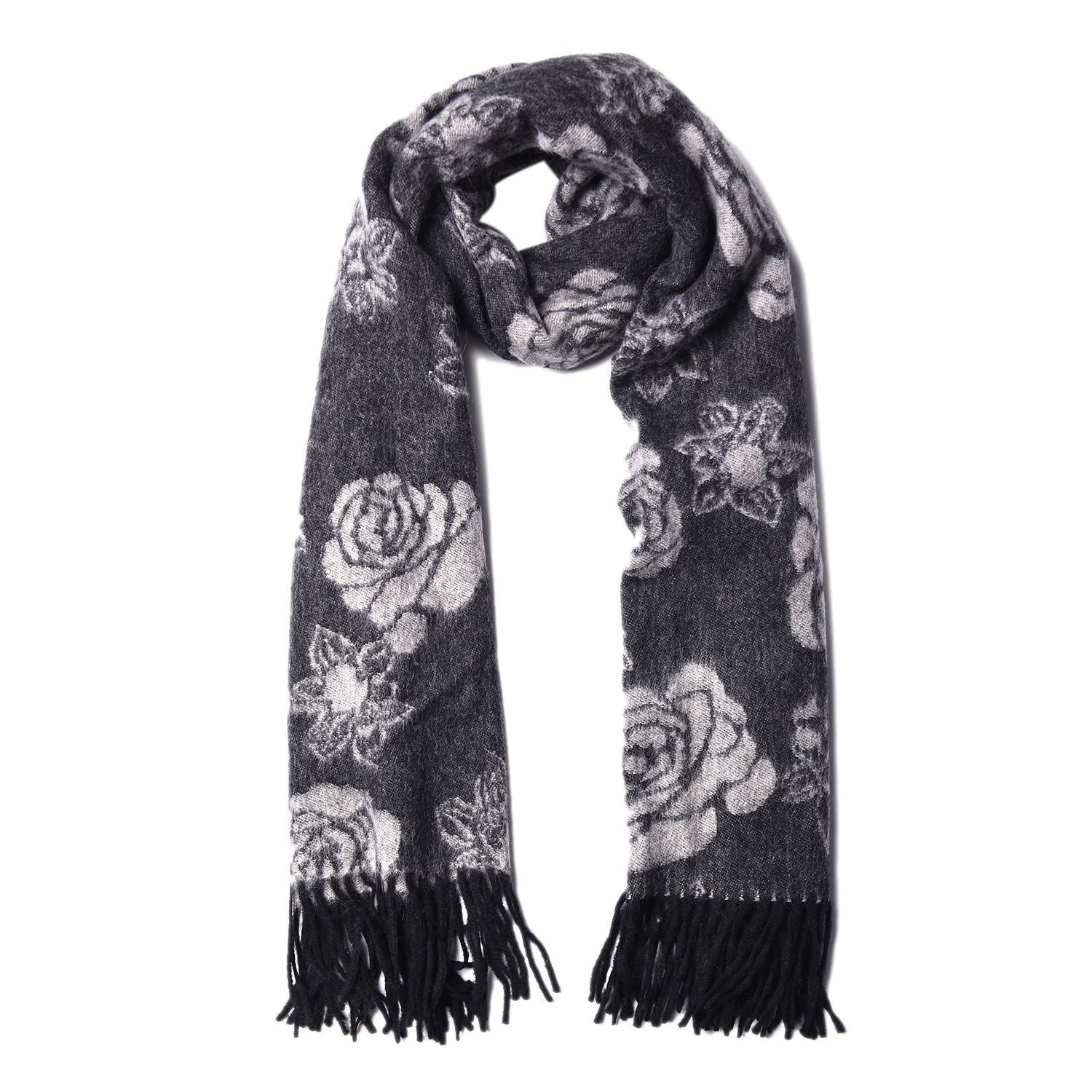 LA MAREY - 100% Lammwolle Schal, Jacquard-Blätter-Muster, 175x70+10cm, Schwarz