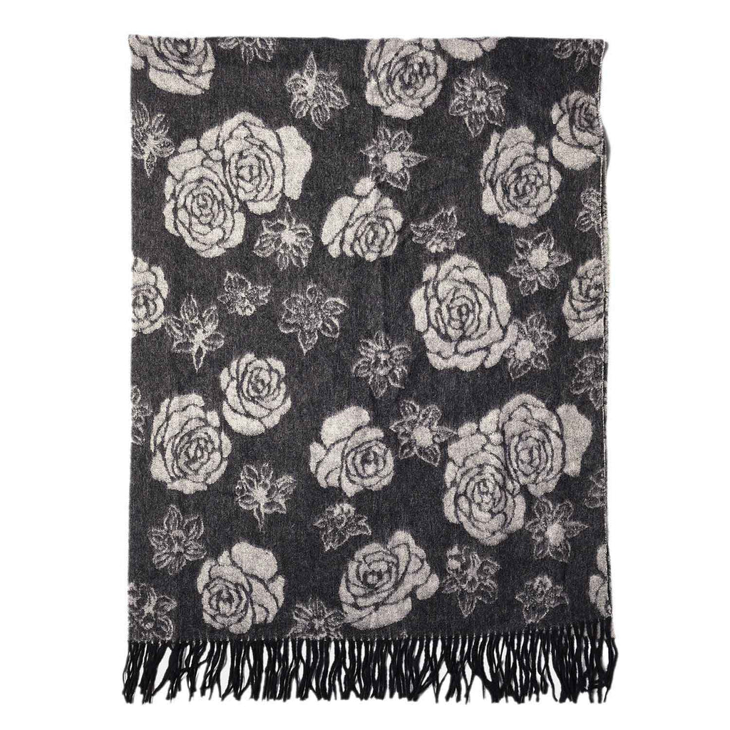 LA MAREY - 100% Lammwolle Schal, Jacquard-Blätter-Muster, 175x70+10cm, Schwarz