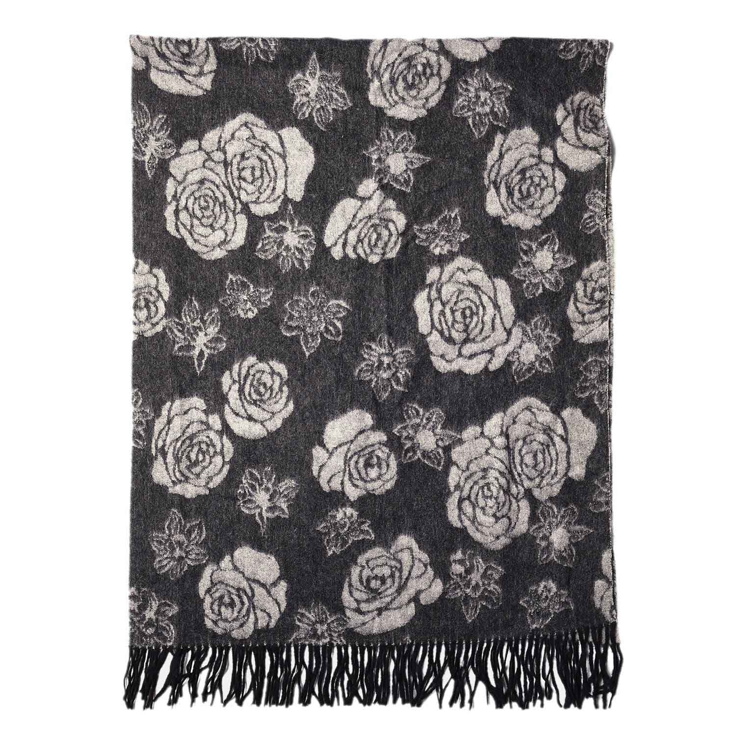 LA MAREY - 100% Lammwolle Schal, Jacquard-Blätter-Muster, 175x70+10cm, Schwarz