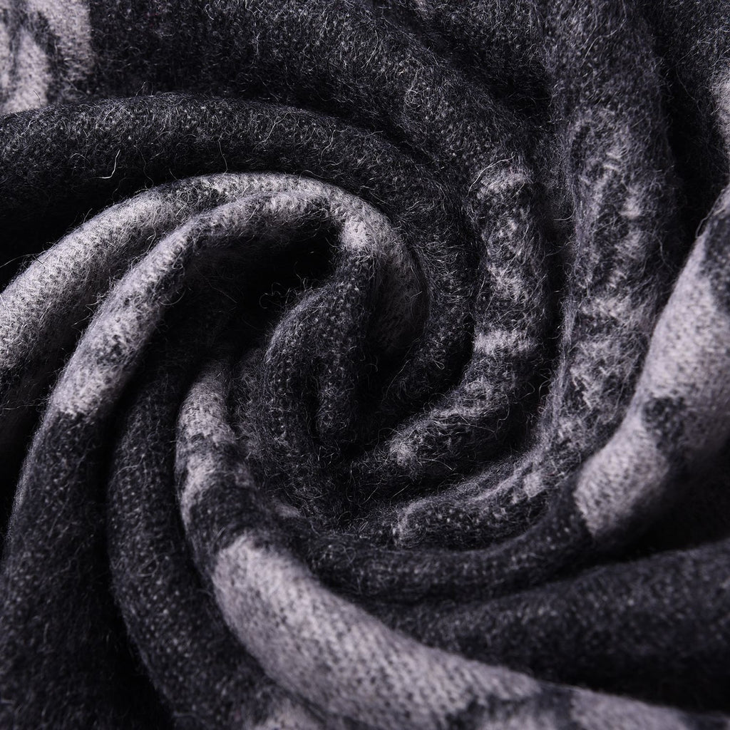 LA MAREY - 100% Lammwolle Schal, Jacquard-Blätter-Muster, 175x70+10cm, Schwarz