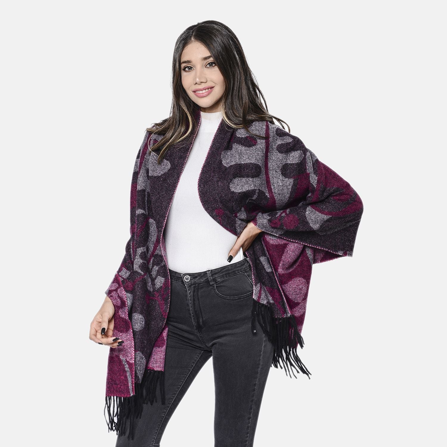 LA MAREY - 100% Lammwolle Schal, Jacquard-Blätter-Muster, 175x70+10cm, Lila