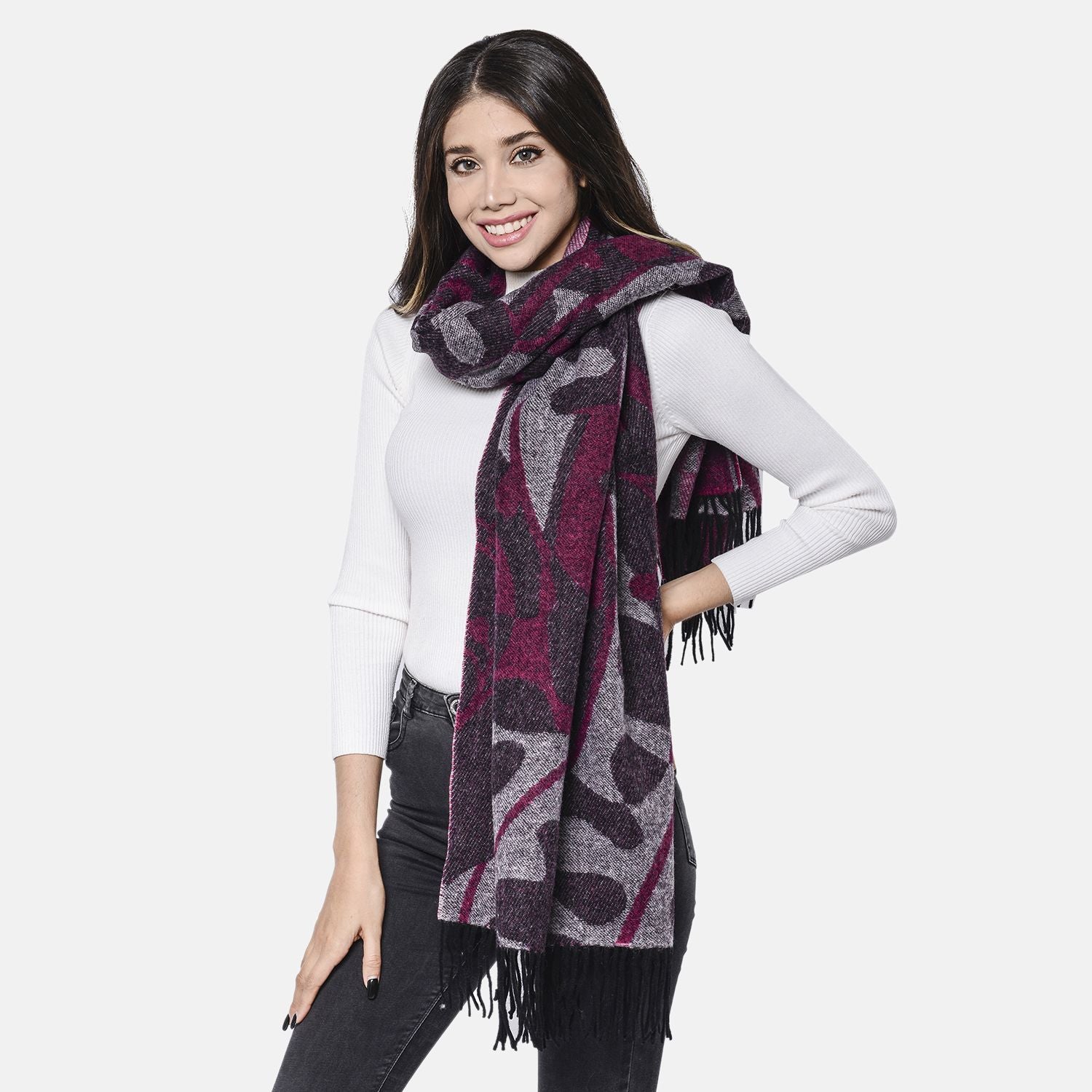 LA MAREY - 100% Lammwolle Schal, Jacquard-Blätter-Muster, 175x70+10cm, Lila