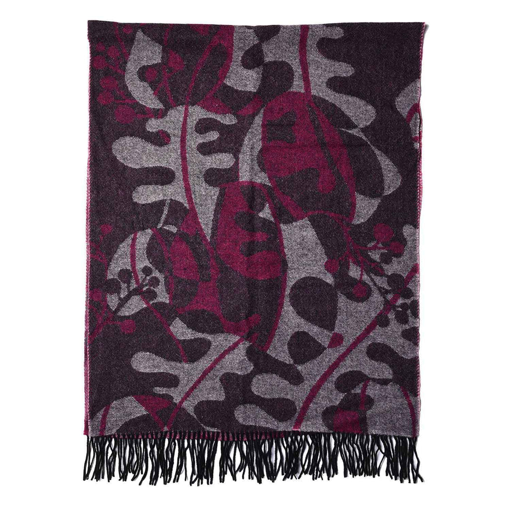 LA MAREY - 100% Lammwolle Schal, Jacquard-Blätter-Muster, 175x70+10cm, Lila