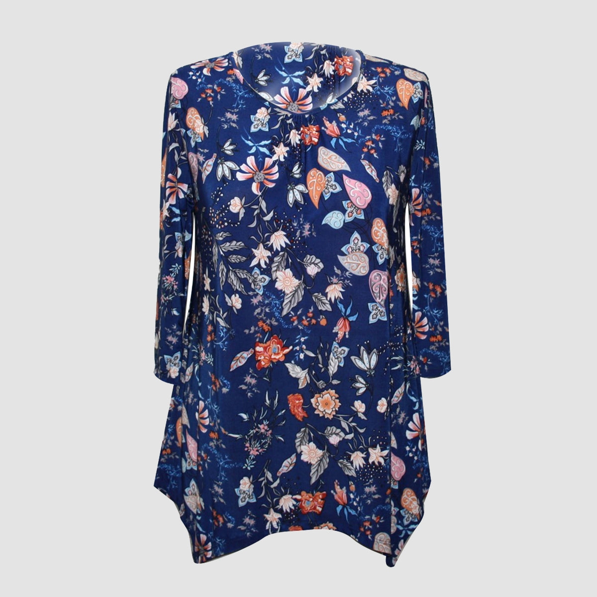 Bedrucktes Longline-Top für Damen, Grau und Blau, Größe: L