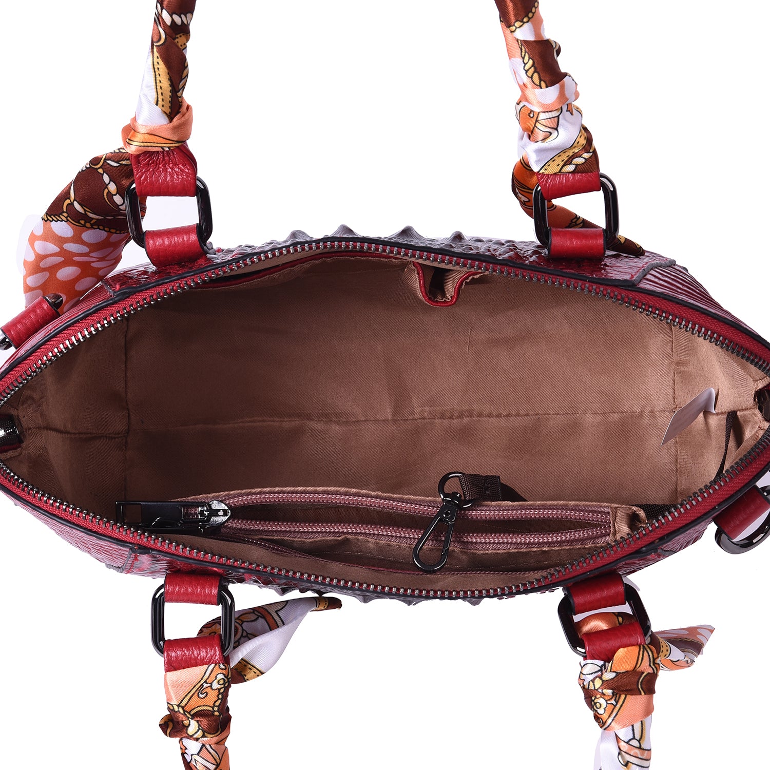 Luxushandtasche aus echtem Leder mit Kroko-Prägung und passendem Schal, Größe 25x9x19 cm, Rot