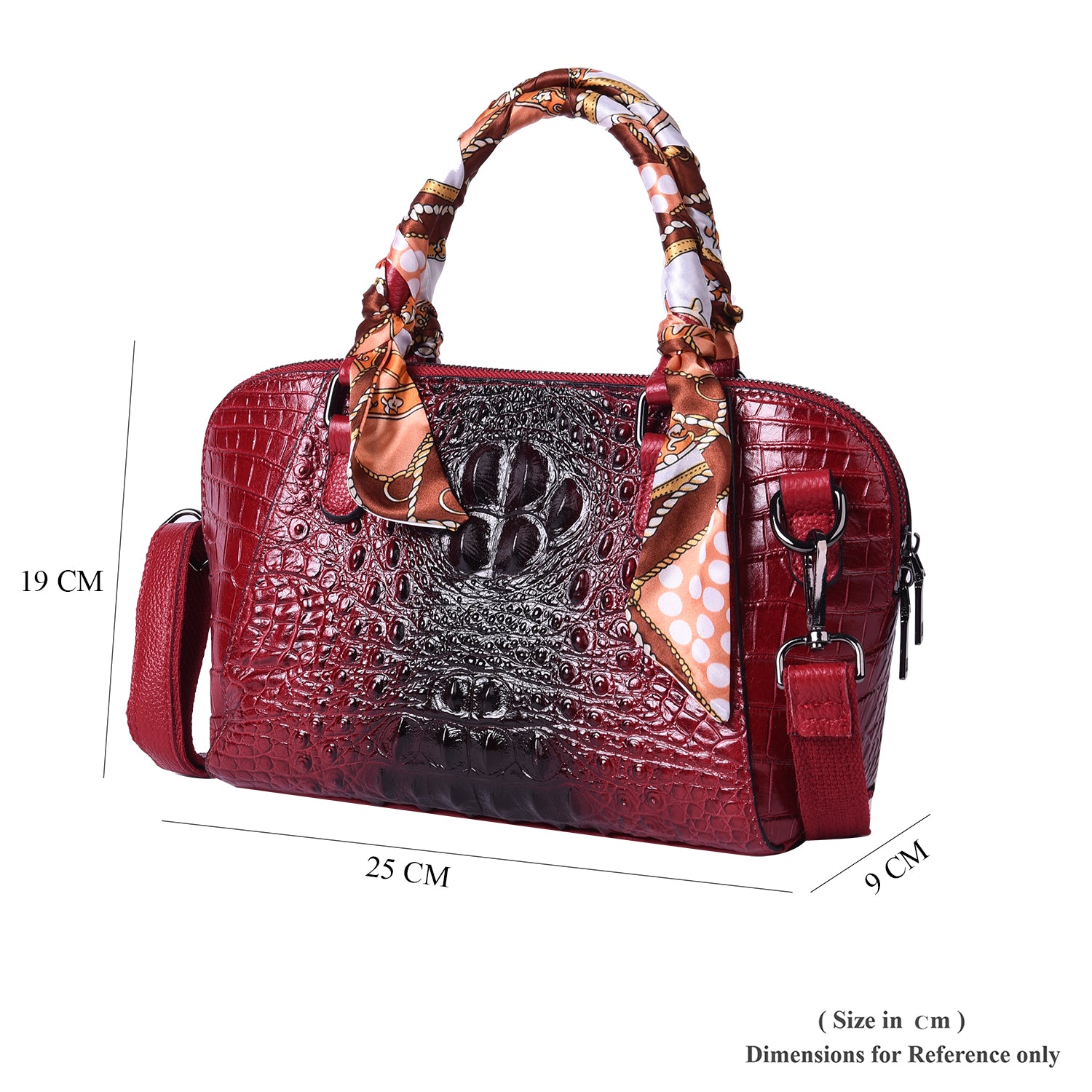 Luxushandtasche aus echtem Leder mit Kroko-Prägung und passendem Schal, Größe 25x9x19 cm, Rot