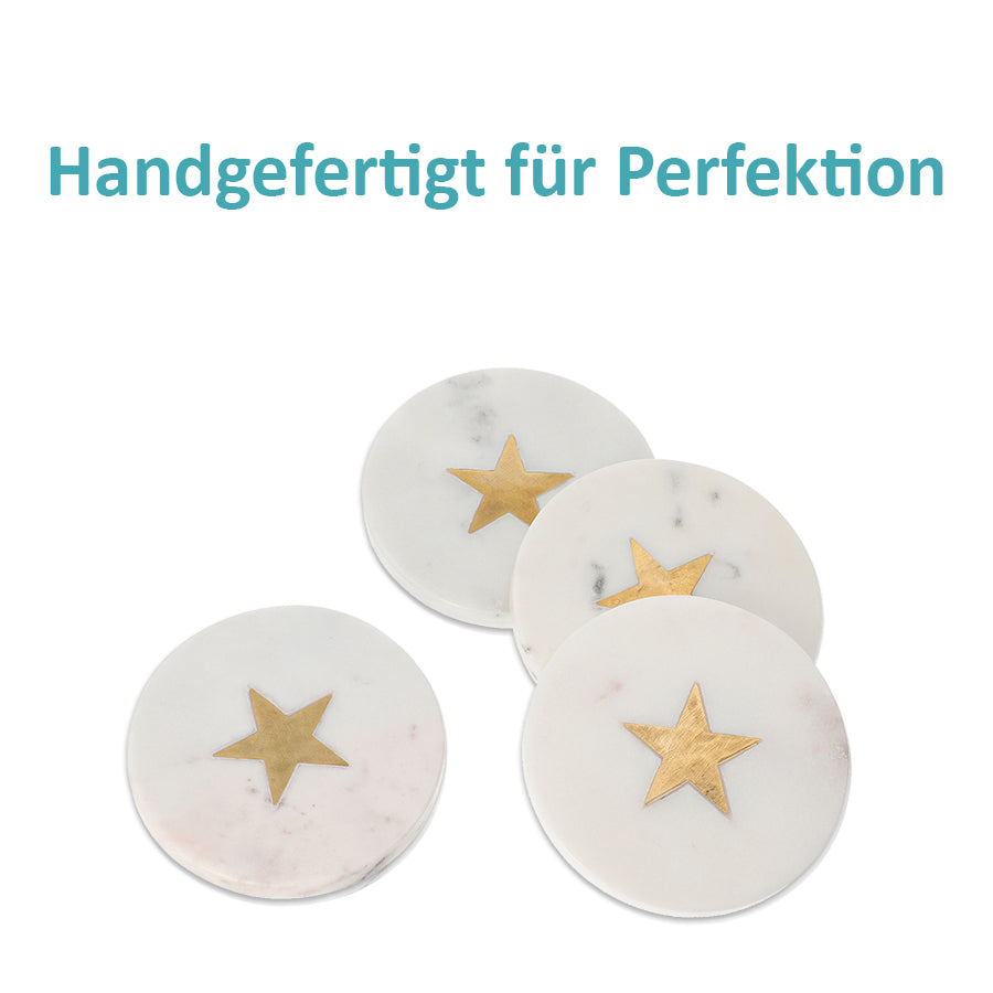 NAKKASHI - 4er-Set, Marmor Untersetzer mit Messingintarsie, Stern, Größe 10x10 cm, Weiß