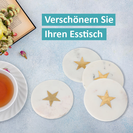 NAKKASHI - 4er-Set, Marmor Untersetzer mit Messingintarsie, Stern, Größe 10x10 cm, Weiß