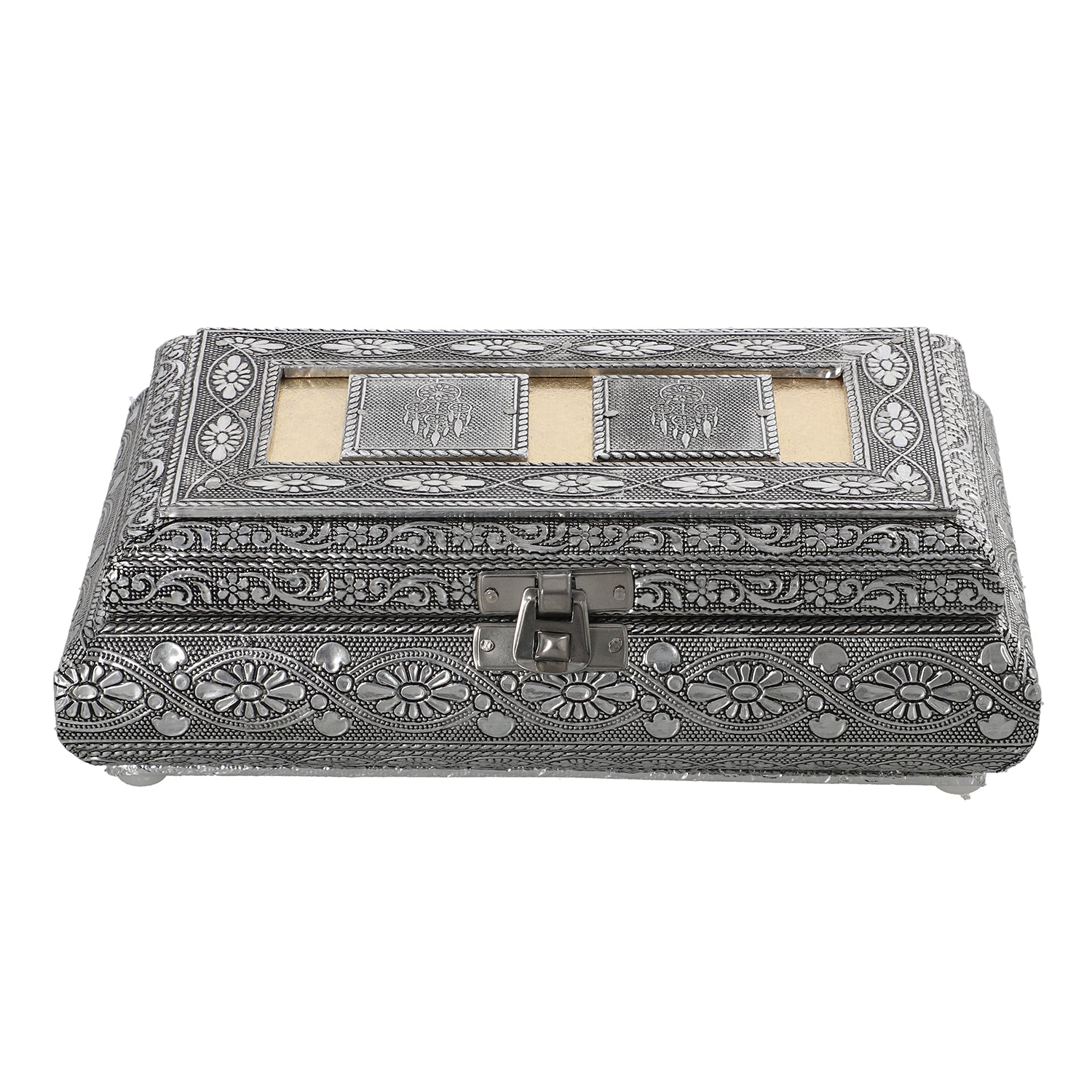 Handgefertigte Aufbewahrungsbox aus Teakholz mit Aluminiumfinish, Antik-Stil, Silber