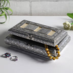 Handgefertigte Aufbewahrungsbox aus Teakholz mit Aluminiumfinish, Antik-Stil, Silber