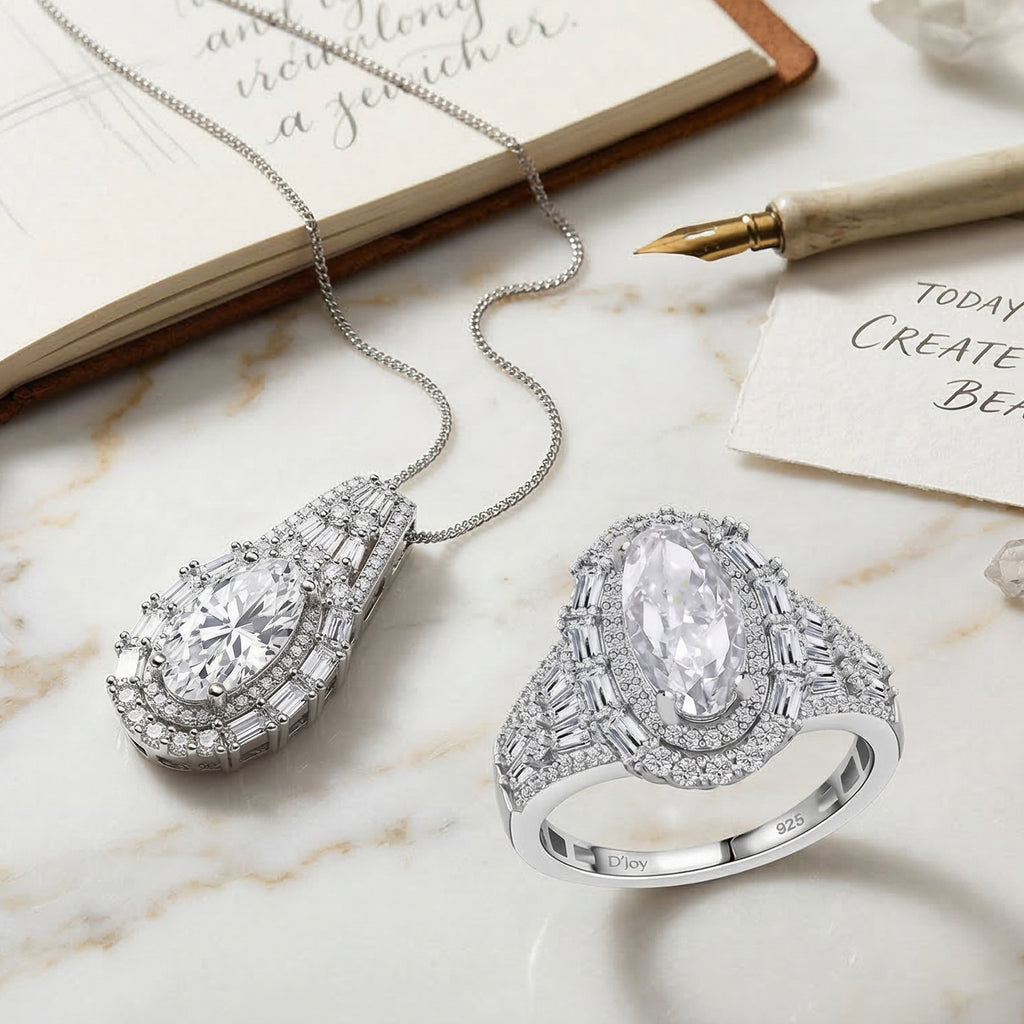 D'Joy Moissanit Ring und Anhänger mit 50cm Kette Oval