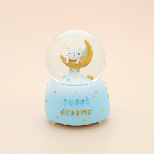 Glitzerkugel Musik und Licht, 15x10 cm, Katzen und Mond, Blau und Weiß