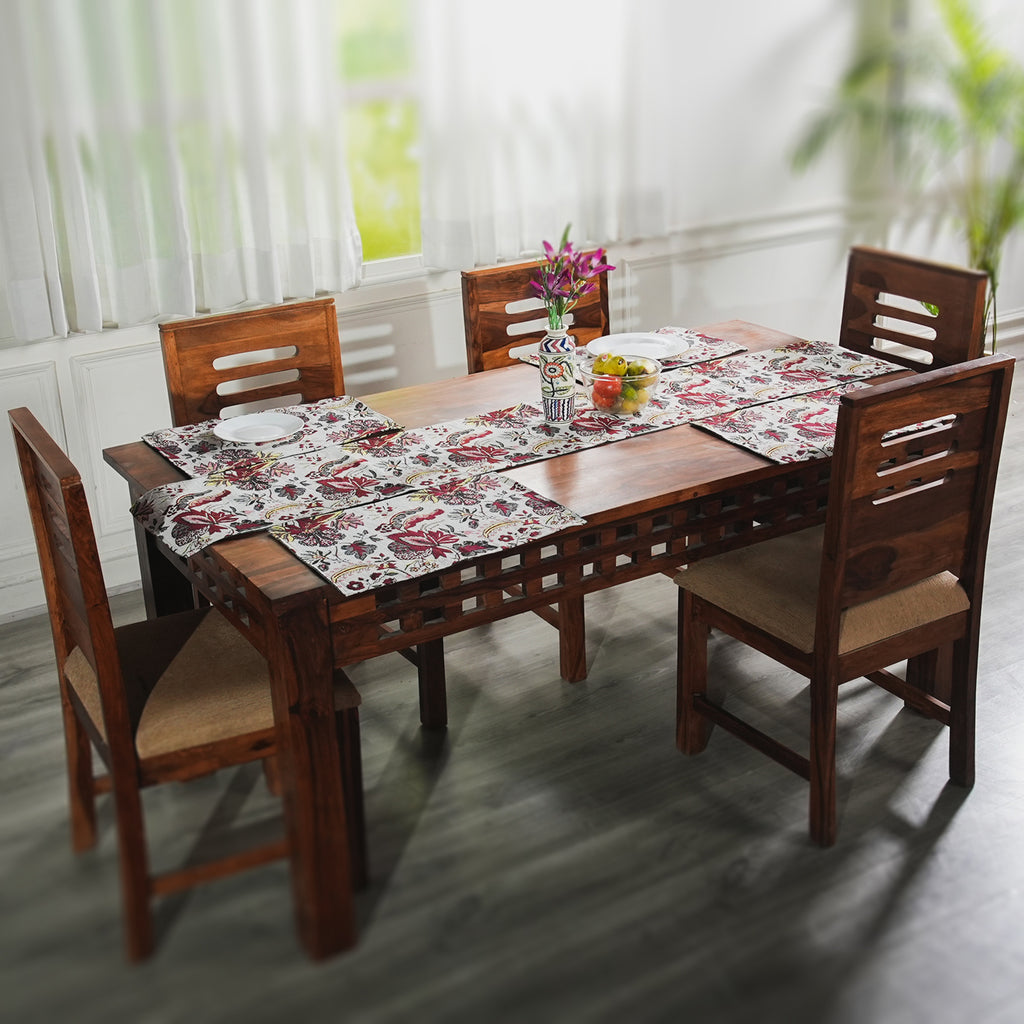 5er Set: Jacquard gewebter Tischläufer und 4 Tischsets, Blumen