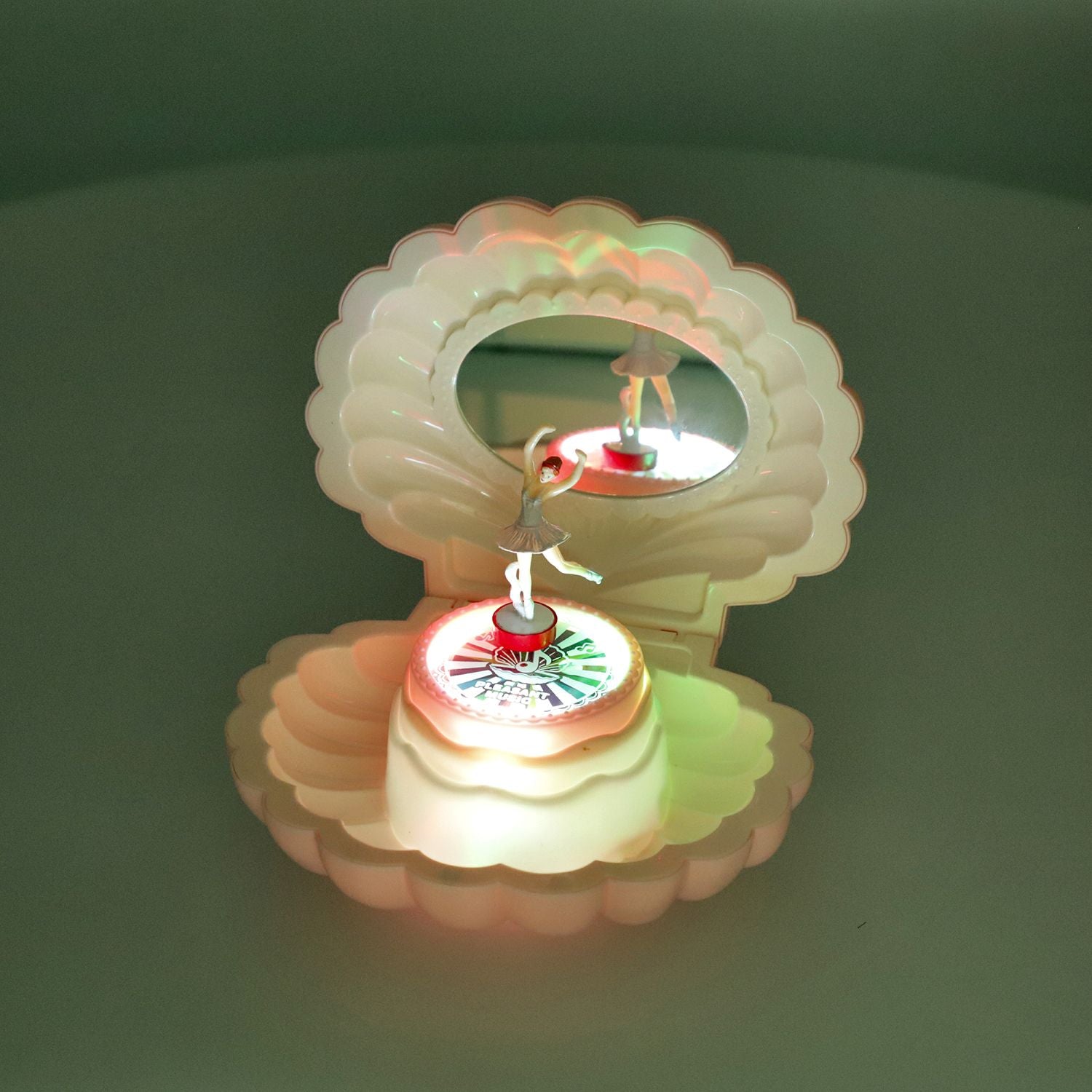 Muschel-Drehorgel mit LED-Licht und tanzender Ballerina, Spiegel, Hellrosa