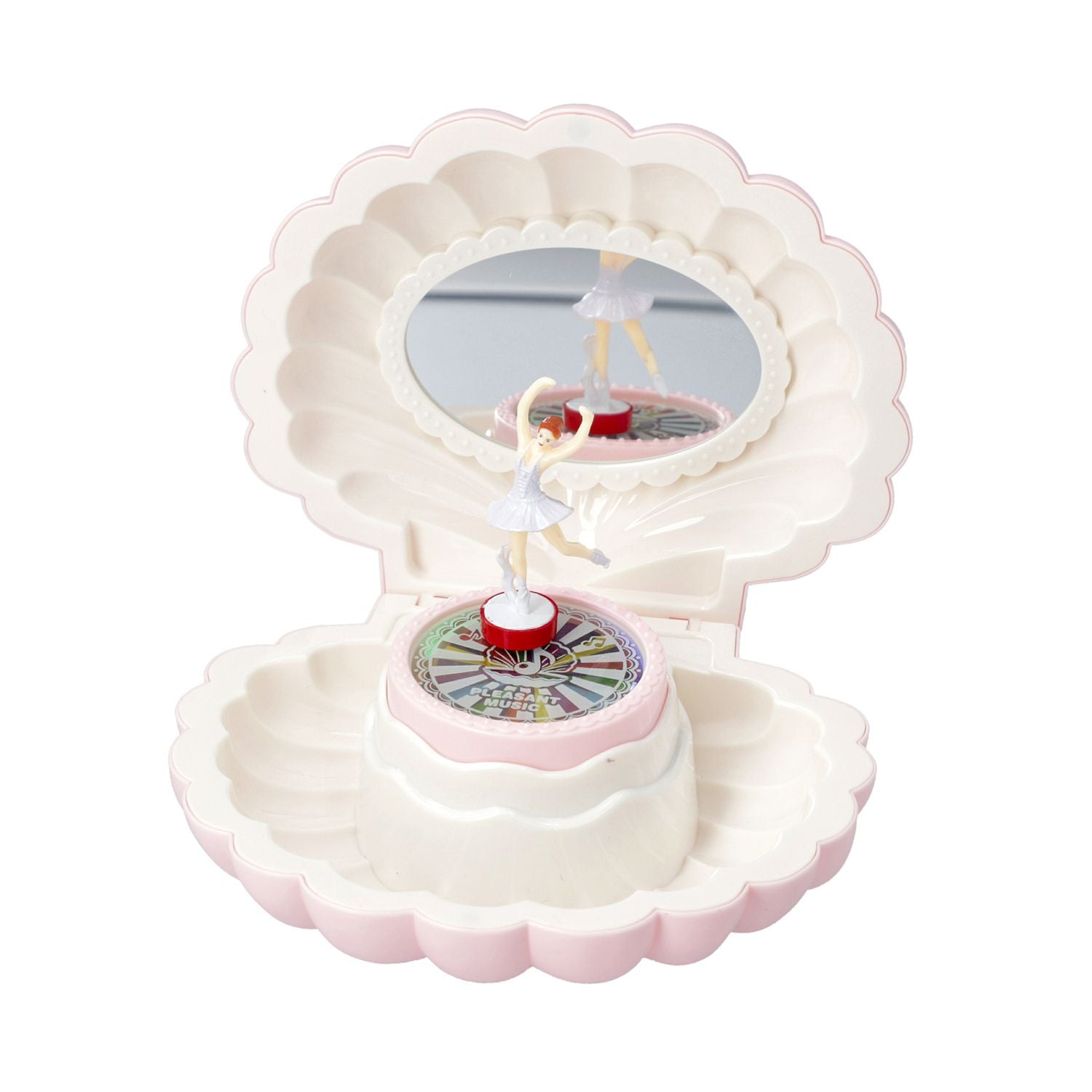 Muschel-Drehorgel mit LED-Licht und tanzender Ballerina, Spiegel, Hellrosa