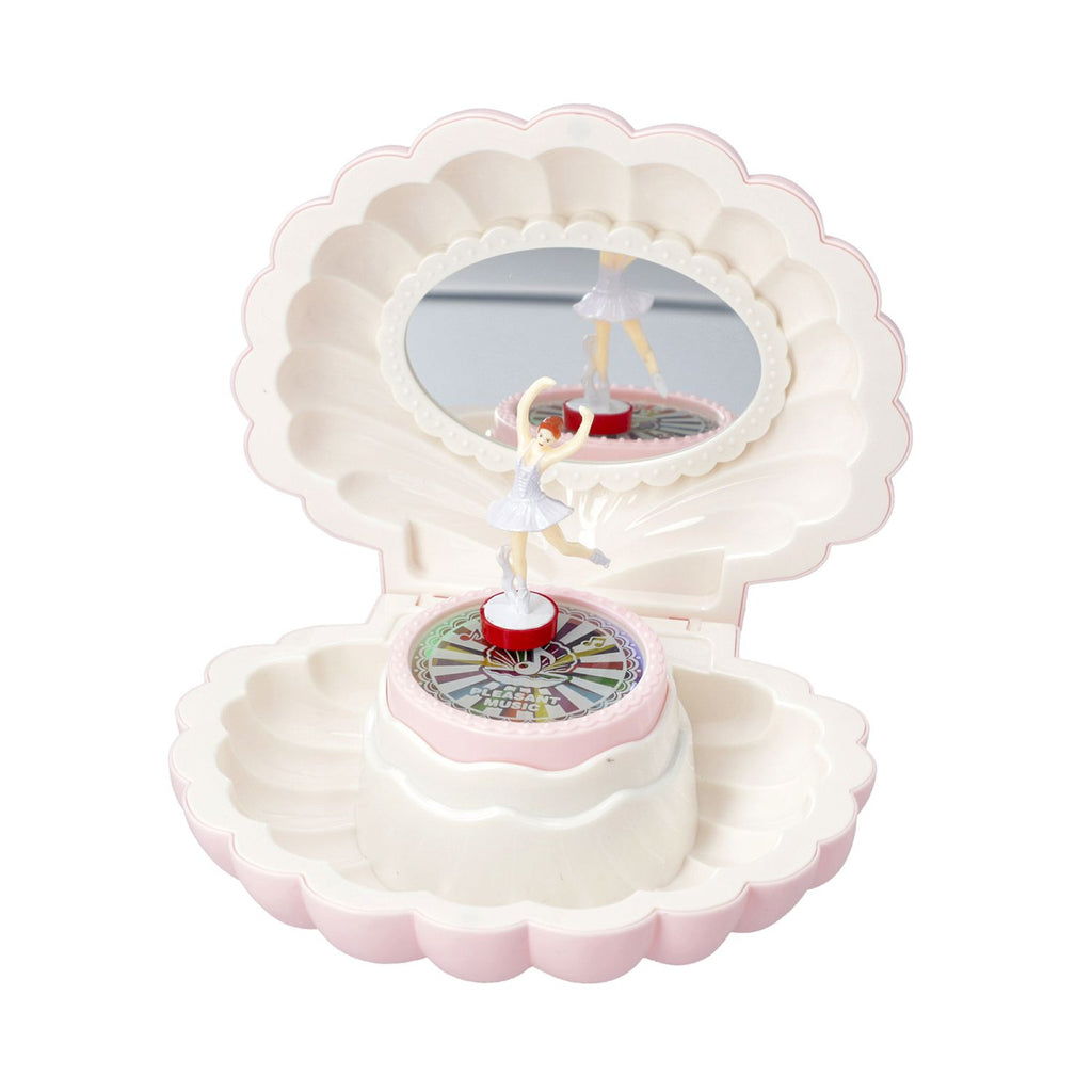 Muschel-Drehorgel mit LED-Licht und tanzender Ballerina, Spiegel, Hellrosa