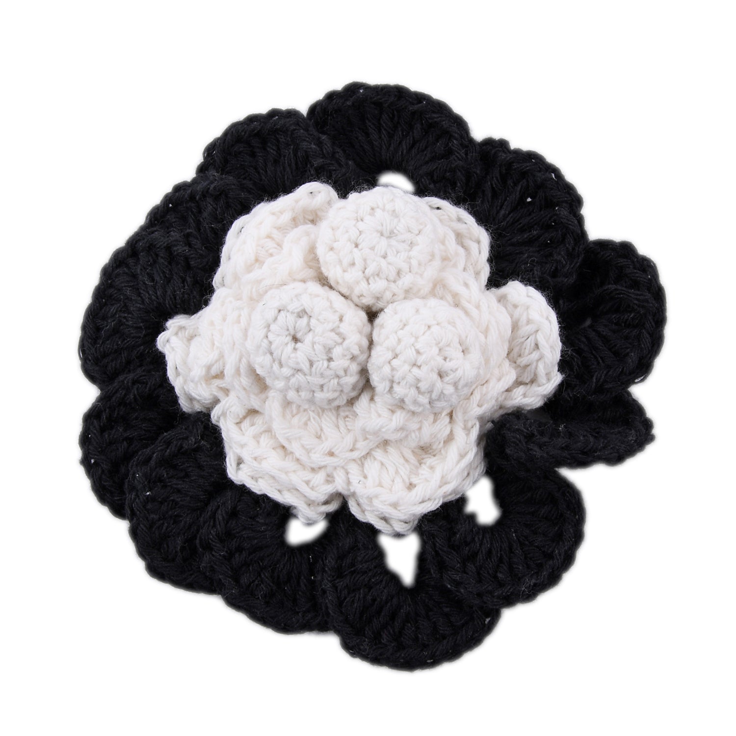 Handgefertigte Brosche mit Häkelarbeit Blumen Design, Schwarz und Weiß