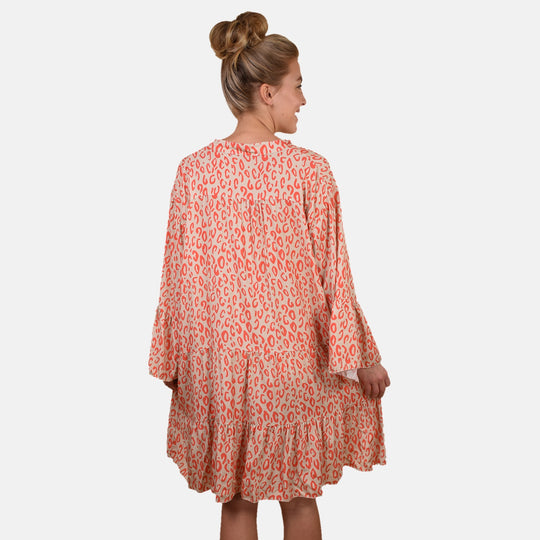 Gesmoktes Sommerkleid, Leopardenmuster, Weiß/Orange